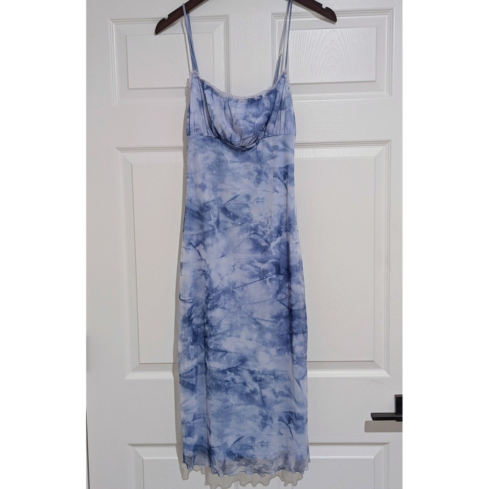 Princess‎ Polly Blue Y2K Baby Doll Mesh Ruched Lace Trim Midi Dress Womens US 6